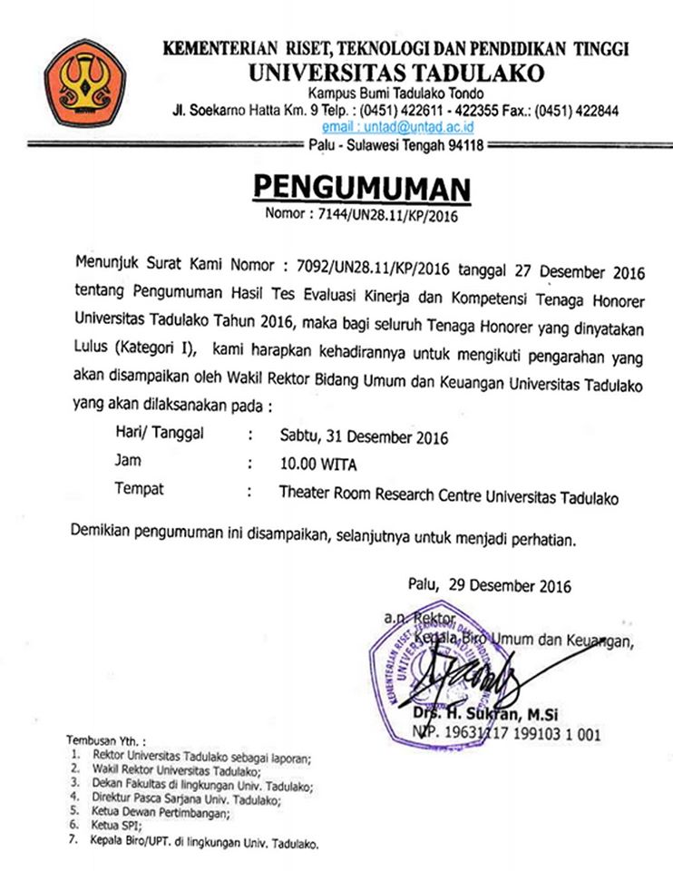 Pengumuman Pengarahan Tenaga Honorer Lulus Kategori I Tahun 2016