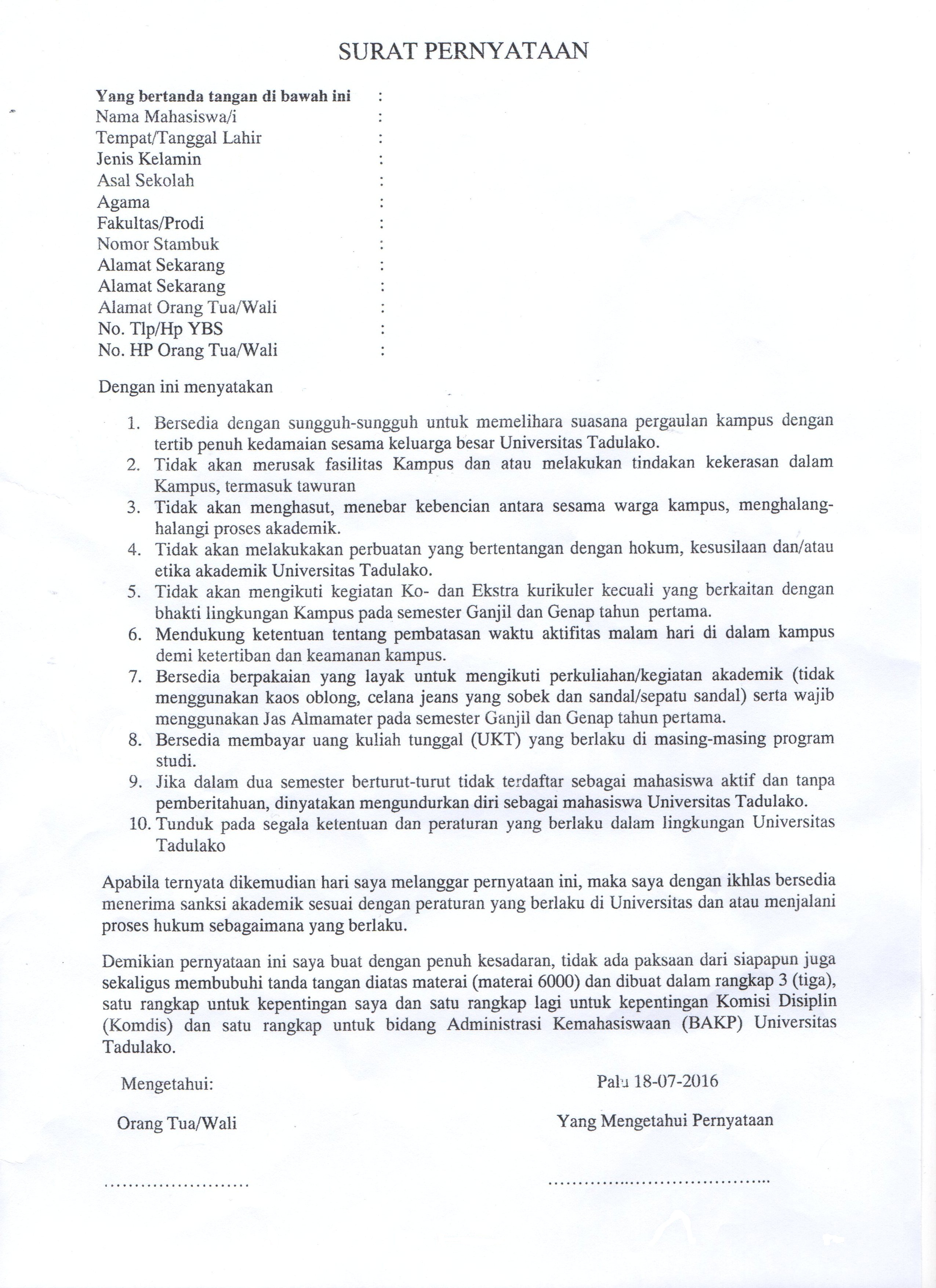 Surat Pernyataan Mahasiswa Universitas Tadulako Universitas Tadulako